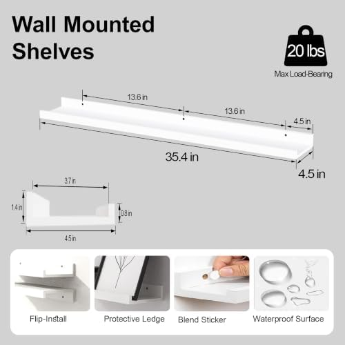 White Floating Shelves for Wall Decor, 36 in Shelf with Lip Set of 2