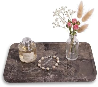 Dark Grey Marble Vanity Tray for Bathroom Counter-12 X7 Decorative Tray for Perfume, Candles, Stone Jewelry Dish Tray