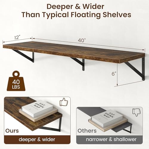 Axeman Deep Floating Shelves - 40 Inch Floating Shelves Set of 2-12 Inch Deep Brown Wood Wall Shelves for Living Room Ba