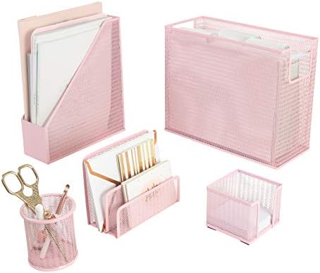 BLU MONACO | Pink Desk Organizer Set | 5 Piece Metal Office Desk Organizer with Hanging File Holder, Magazine Organizer, Pen Cup, Sticky Note Holder, Letter Sorter | Desk Organizers and Accessories
