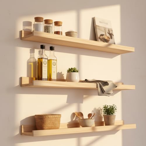 MBYD 36 Inch Natural Wood Floating Picture Ledge Shelf, Wall Mounted Nursery Bookshelf for Kids Books, Vinyl Records & P