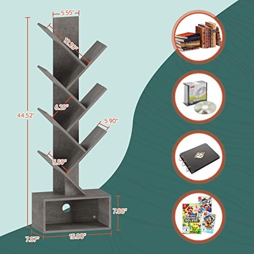 Yoobure Tree Bookshelf - 6 Shelf Retro Floor Standing Bookcase, Tall Wood Book Storage Rack for CDs/Movies/Books, Utilit
