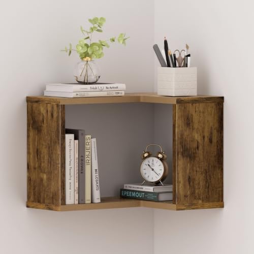 Floating Corner Shelf, 2-Tier Floating Shelf for Wall, Wood Floating Book Shelf for Living Room, Bedroom, Bathroom, Home