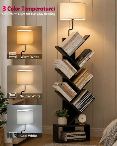 XBurmo 6 Tier Tree Bookshelf with Lights - Small Bookcase, Compact Book Tower with Drawer, Corner Bookshelf for Bedroom,