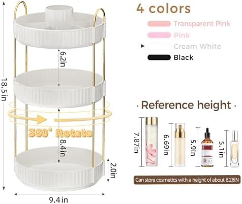 360° Rotating Makeup Organizer, Upgraded 3 Tier Skincare Perfume Organizers for Women, Bathroom Organizer Countertop, Cl