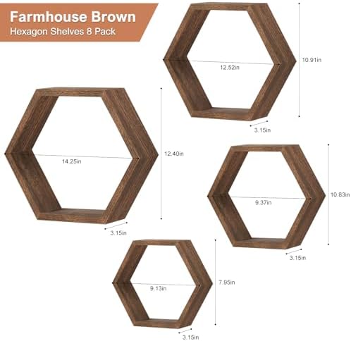 Hexagon Floating Shelves Set of 8 Wood Hexagonal Shelves Brown Wall Decor and Storage Racks for Living Room Floating Hon