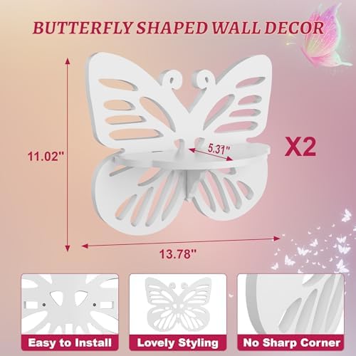 White Butterfly Shelves 2 Tier - Nursery Wall Deor Floating Shelf, Cute Wall Display Rack for Kid’s Room, Small Decorati