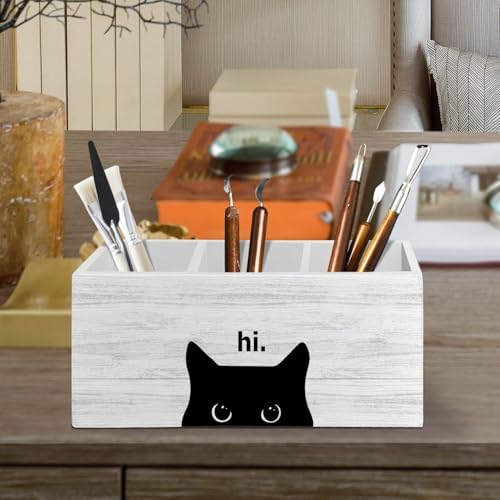 Hi Black Cat Pen Pencil Holder Organizer for Desk Accessories, Black Cat Mom Lady Lovers Owner Gifts Wooden Box Sign Desk Decor for Home Office Decoration, Pet Lover Gifts
