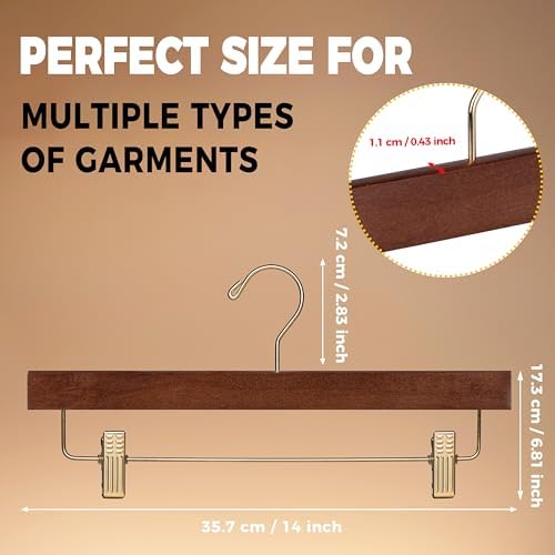 Quality Hangers Wooden Pants Hangers - 10-Pack Swivel Hook Cloth Hanger Set - Lotus Wood Skirt, Pant, Shorts and Slack Hangers with Adjustable Clip (Walnut - Gold Hook, 10)
