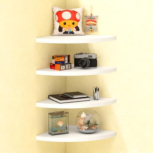4 Pcs Floating Corner Shelf with Mounting Accessories, Wooden Round Corner Wall Shelves, Wall Mounted Corner Storage She
