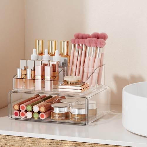 Bathroom Counter Organizer Clear - 2Pcs Stackable Makeup Countertop Organizer for Vanity - Multi-Purpose Skin Care Lipst