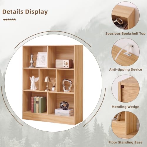 YAHARBO 3 Tier 7 Cube Mini Thin Bookshelf, Short Shallow Bookcase, Natural