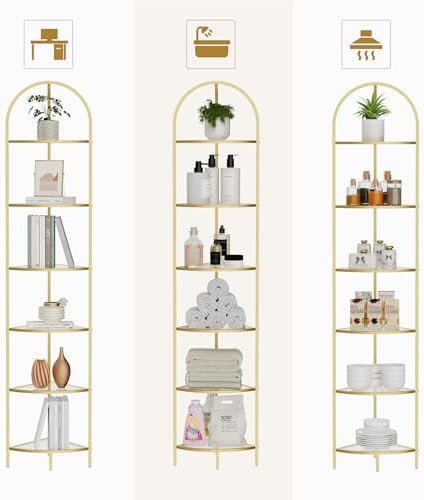 Homhedy 6-Tier Gold Corner Shelf Stand, Metal Corner Bookshelf