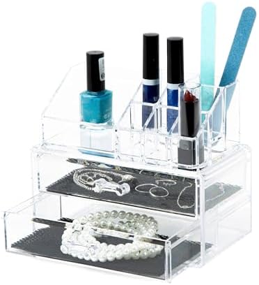 Compactor Make-up and Jewellery Storage Box, With 2 Drawers, Transparent, Polystyrene, Fabric Lining, 18.8 x 11.7 x H. 1