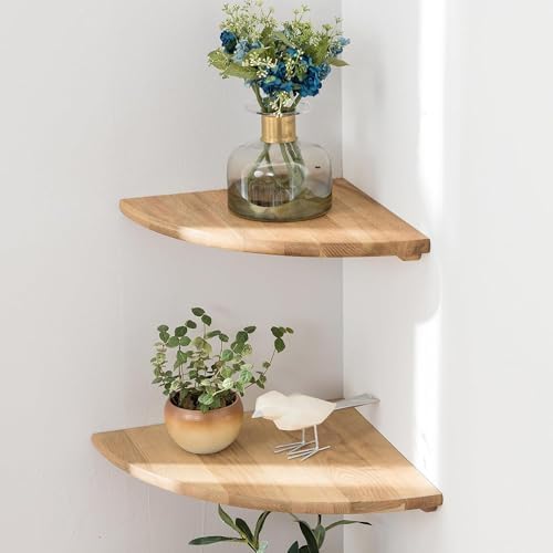 Corner Shelves, Floating Corner Shelf, Set of 2 Solid Oak Wood Wall Shelves, Round End Wall Mount with Wire Hole Shelvin