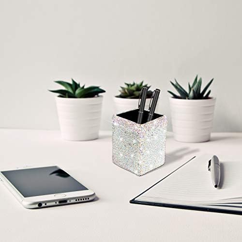 Crystal Pencil Pen Pot Holder Box Bling Rhinestone Pen Organizer Holder Cosmetic Pencil Container Comb Brushes Personalized (Square AB Color)