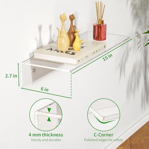 FEMELI 2 PCS 15" Acrylic Floating Shelves, Clear Shelf for Wall Display