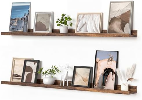 Heimlove Picture Ledge Shelf, Floating Shelves Set of 2, 47.24Inches Picture Shelf for Wall with Ledge, Kids Bookshelf Wall Mounted for Living Room Bedroom Decor Books Photo Frames - Rustic Brown