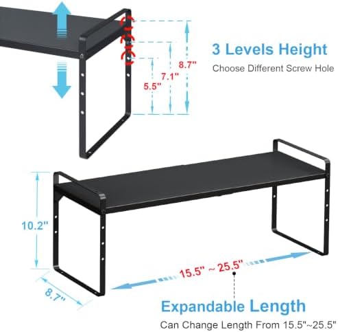 15.5 to 25.5 Inch Expandable Kitchen Cabinet Organizer Shelf, 2 Pack 30 LBS Heavy Duty Adjustable Kitchen Counter Storag