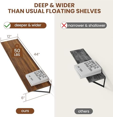 Heimlove 44W x 12D Deep Floating Shelves Set of 2 Walnut