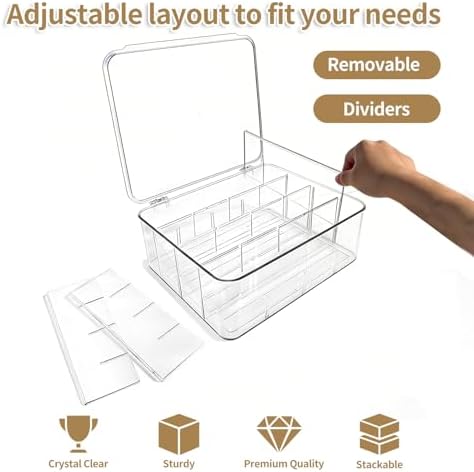 Socks Underwear Drawer Organizer, 16 Compartment Clear Plastic Storage Box with Lid & Adjustable Dividers, Tie Box, Tea Bag Organizer, Acrylic Organizer Box (12x10x3.9 Inch)