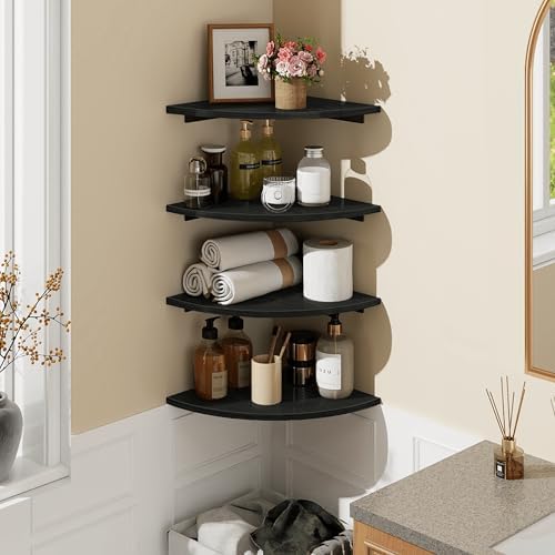 Homode Corner Shelf Wall Mount, 4 Tier Rounded Corner Floating Shelves, 12 Inch Deep Hanging Corner Shelf Storage, Wood 