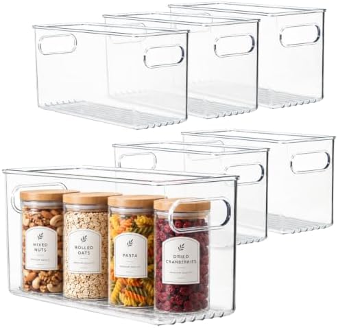 primebox 6 pack Clear Plastic Storage Container Bin with Integrated Easy Grip Handles. For Kitchen, Fridge, Freezer, Cab