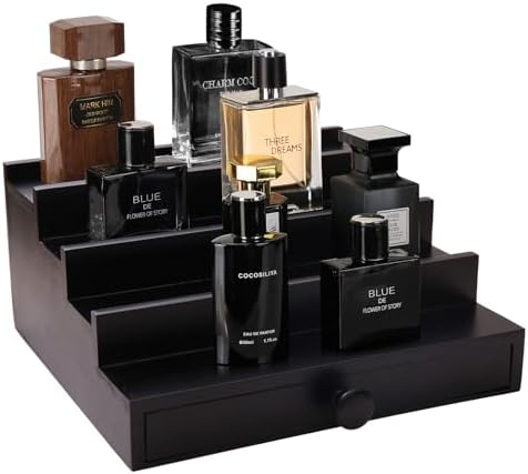 4 Tier Men's Cologne Organizer, Black Wooden Display Stand with Drawer