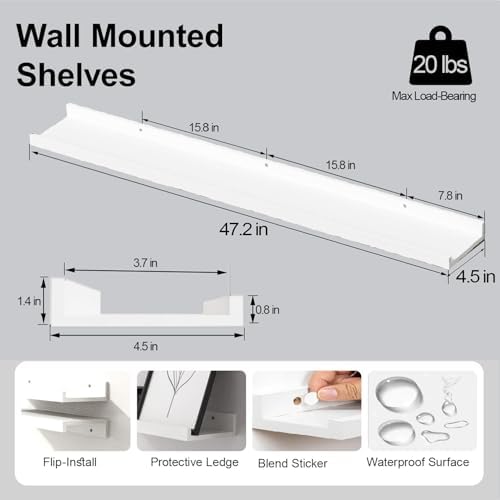White Floating Shelves for Wall Decor, 48 in Shelf with Lip Set of 2