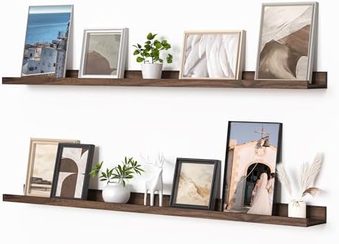 Heimlove Picture Ledge Shelf, Floating Shelves Set of 2, 48 Inches Picture Shelf for Wall with Ledge, Kids Bookshelf Wall Mounted for Living Room Bedroom Decor Books Photo Frames, Walnut