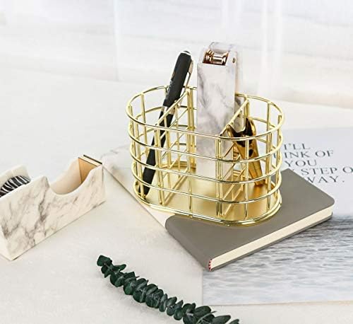 Pen Holder, 3 Compartment Metal Pencil Holder Stationery Organizer, Decorative Desktop Storage Holder for Office Supplies, Gold