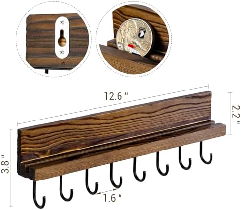 MyGift Rustic Burnt Solid Brown Wood Wall Mounted Challenge Coin Holder – Casino Chip Display Rack with Matte Black Meta