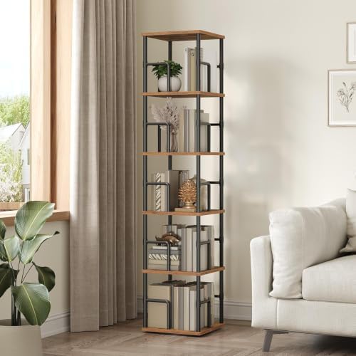 MAHANCRIS 5-Tier Rotating Bookshelf, Freestanding Corner Bookshelf, 360° Spinning Bookcase, Industrial Style Storage Rac