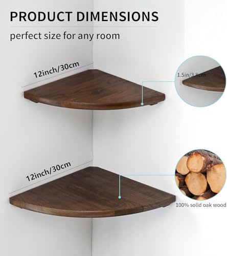 Corner Shelves, Floating Corner Shelf, Set of 2 12inch Solid Oak Wood Corner Wall Shelves, Round End with Wire Hole for 