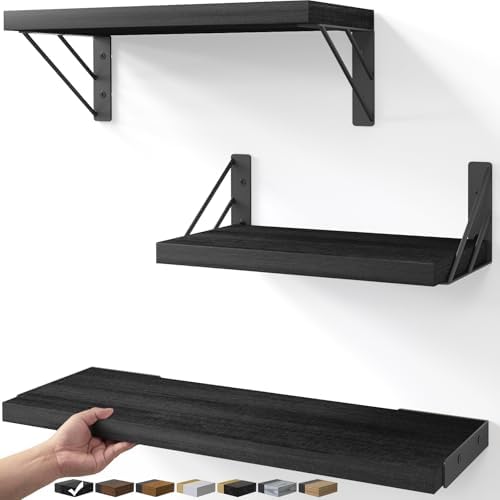 BAYKA Wall Mounted Floating Shelves (Black, Set of 3, 16" Mixed)