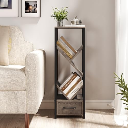GIANTEX Tree Bookshelf with Drawer, 4-Tier Narrow Bookcase with Metal Frame, Tall Floor Standing Storage Organizer for S