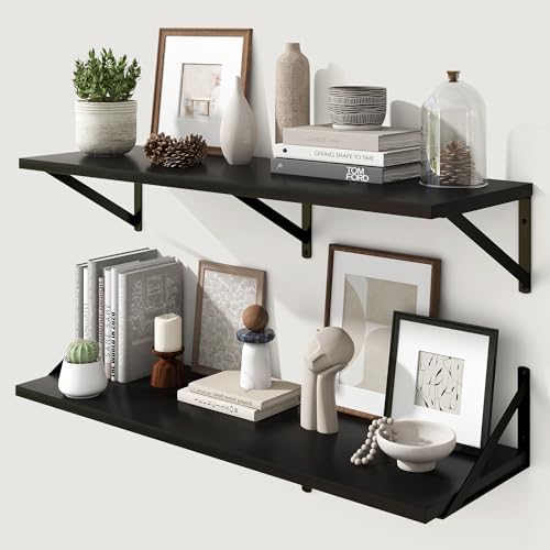 Marsmiles Deep Floating Shelves, 36'' x 12'' Black Wood Shelves Set of 2