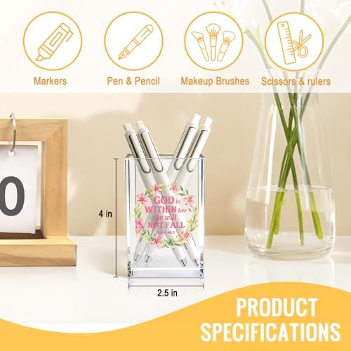 God Is Within Her Acrylic Cosmetic Pencil Pen Holder Cup, Bible Verse Christian Gifts for Mom Grandma Aunt Sister Daughter Women, Appreciation Gifts for Coworker Boss Leader Colleague Female