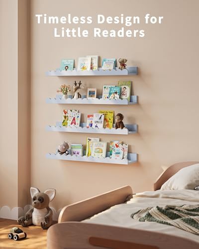 Shario Nursery Book Shelves, 4-Pack White Floating Shelves for Wall Kids, Scalloped Shelves, Wall Book Shelves for Bedro