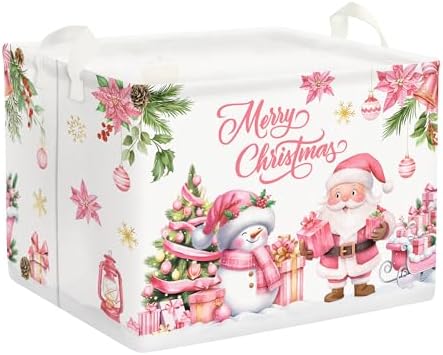 Clastyle Pink Santa Claus Snowman Christmas Gift Basket Merry Christmas Poinsettia Tree Nursery Bin Sleigh Snowflake Xmas Balls Ornament Storage Kid Clothes Toy Book Shelf Basket