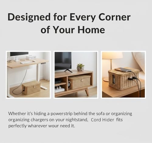 Handwoven Rattan Cable Management Box - Decorative Cord Organizer with Safety Lock, Large Boho Style Wire Hider for Desk