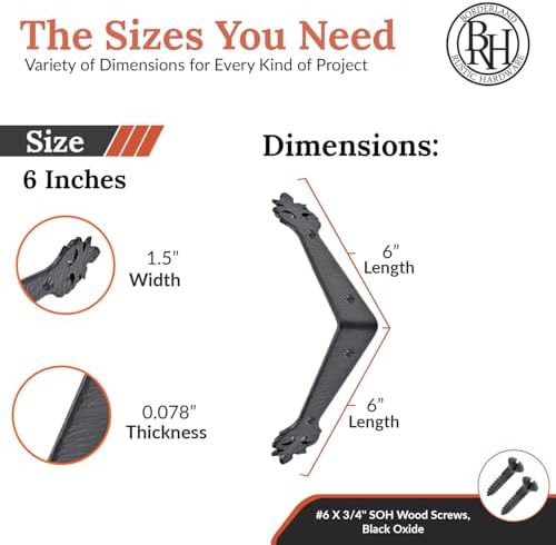 2 Pack - 6" Metal Corner Bracket for Furniture - Black - Handmade Decorative Corner Braces - Rustic Metal Corner Bracket