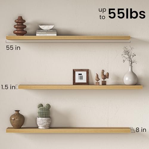 55" Floating Shelves for Wall, Set of 2, 8" Deep, 1.5" Thick, Oak Finish