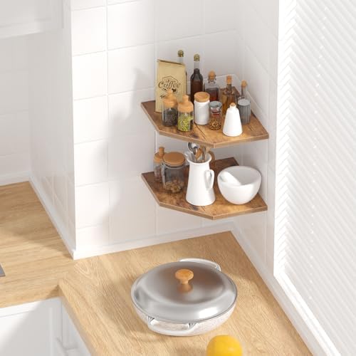 JJL Corner Wall Shelf, 10.4 Inch Wooden Corner Shelves, Set of 2 Floating Shelf for Wall Storage, Wall Mount Corner Shel