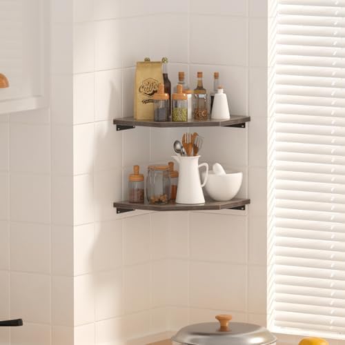 JJL Corner Shelf, 12 Inch Corner Shelf Wall Mounted with Wire Hole, 2 Tier 13.3 Inch Deep Wooden Corner Hanging Shelves 
