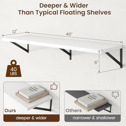 Axeman Deep Floating Shelves - 40 Inch White Floating Shelves Set of 2-12 Inch Deep Wood Wall Shelves for Living Room Ba
