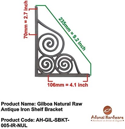 Adonai Hardware "Gilboa Natural Raw Antique Iron Shelf Bracket (Supplied as 2 Pieces per Pack) - Natural Unlacquered
