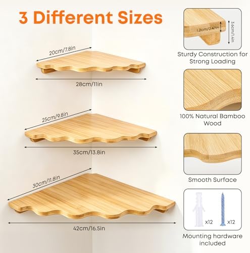 Fantasyon Corner Floating Shelf Wall Mount, Set of 3 Floating Corner Shelves, Bamboo Wood Corner Hanging Shelves with Co