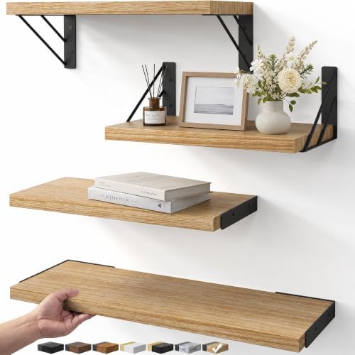 BAYKA Wall Mounted Floating Shelves (Carbonized Brown, Set of 4, 16" Mixed)