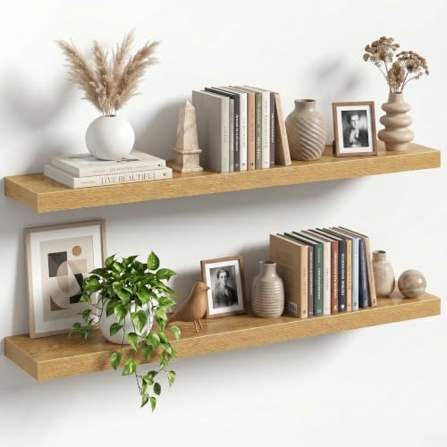 40" Floating Shelves for Wall, Set of 2, 8" Deep, 1.5" Thick, Oak Finish